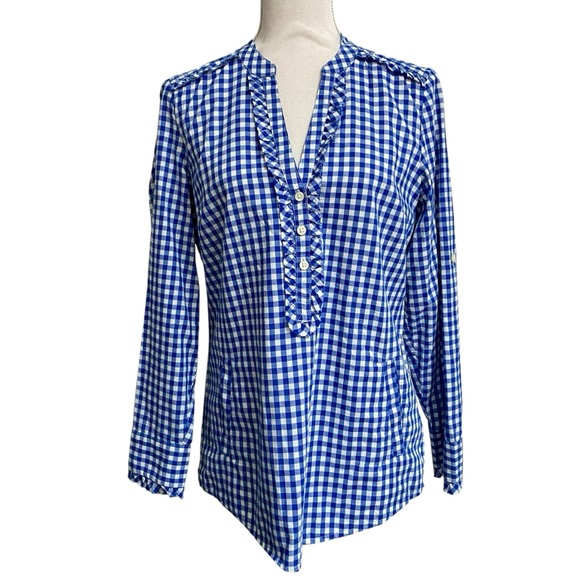 Banana Republic Tops - Banana Republic Blue Gingham Ruffle Trim Button Front Blouse with Pockets Medium